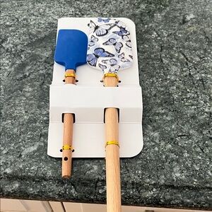 Blue Butterfly Silicone Spatula and Spoon Set with Wooden Handles